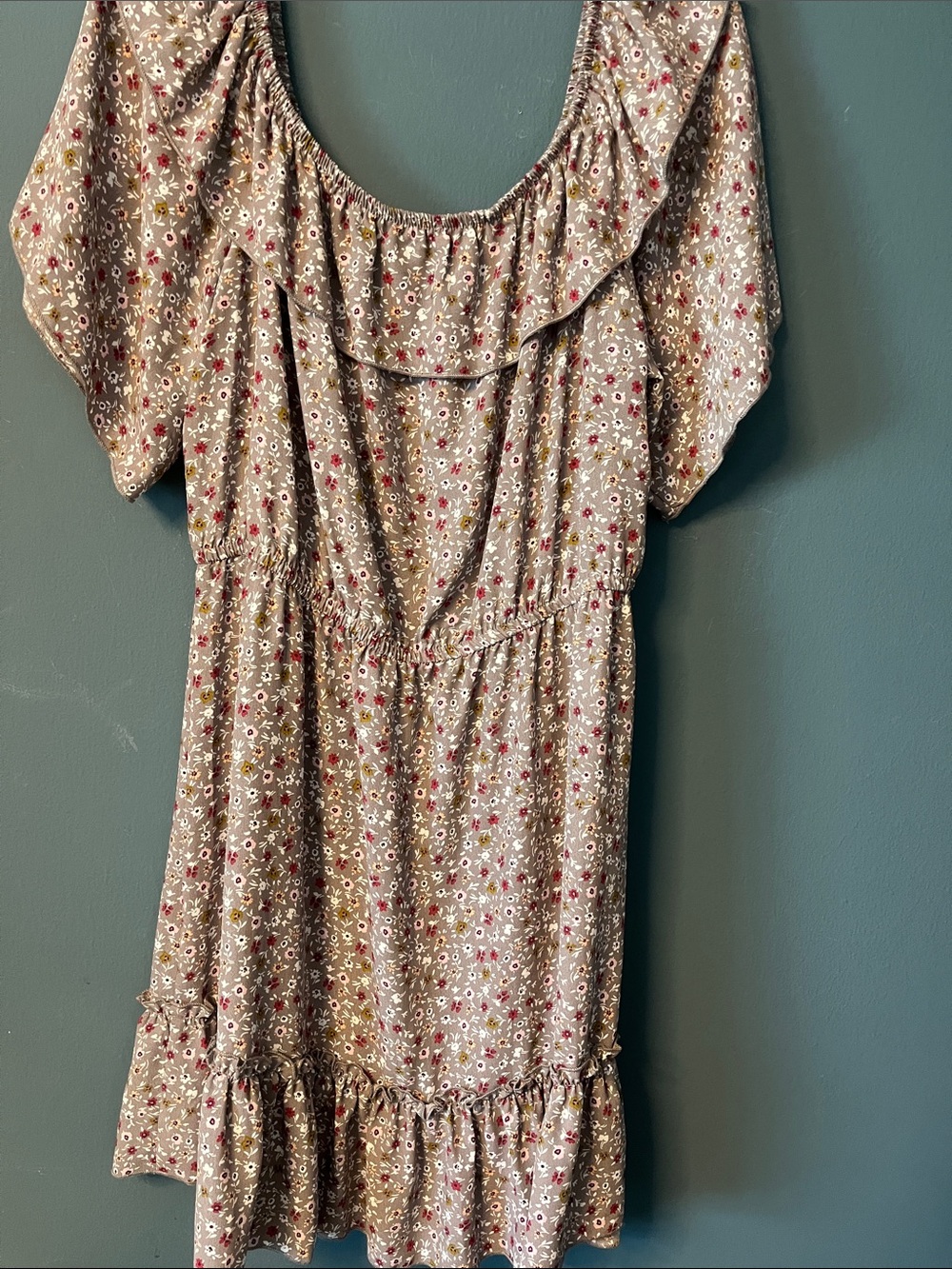 nine britton Taupe Floral Ruffle Dress with Pink & White Accents